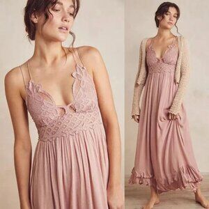 Free People Adella Pink Lace flowy crinkle linen Cottagecore Y2K Maxi Dress